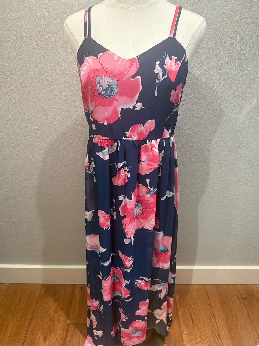Pink Lily Navy Dress with Pink Floral Pattern